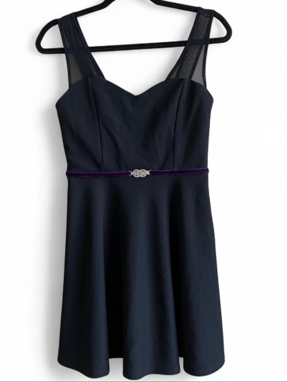 Black Fit-and-Flare Dress with Purple Velvet Belt size Medium